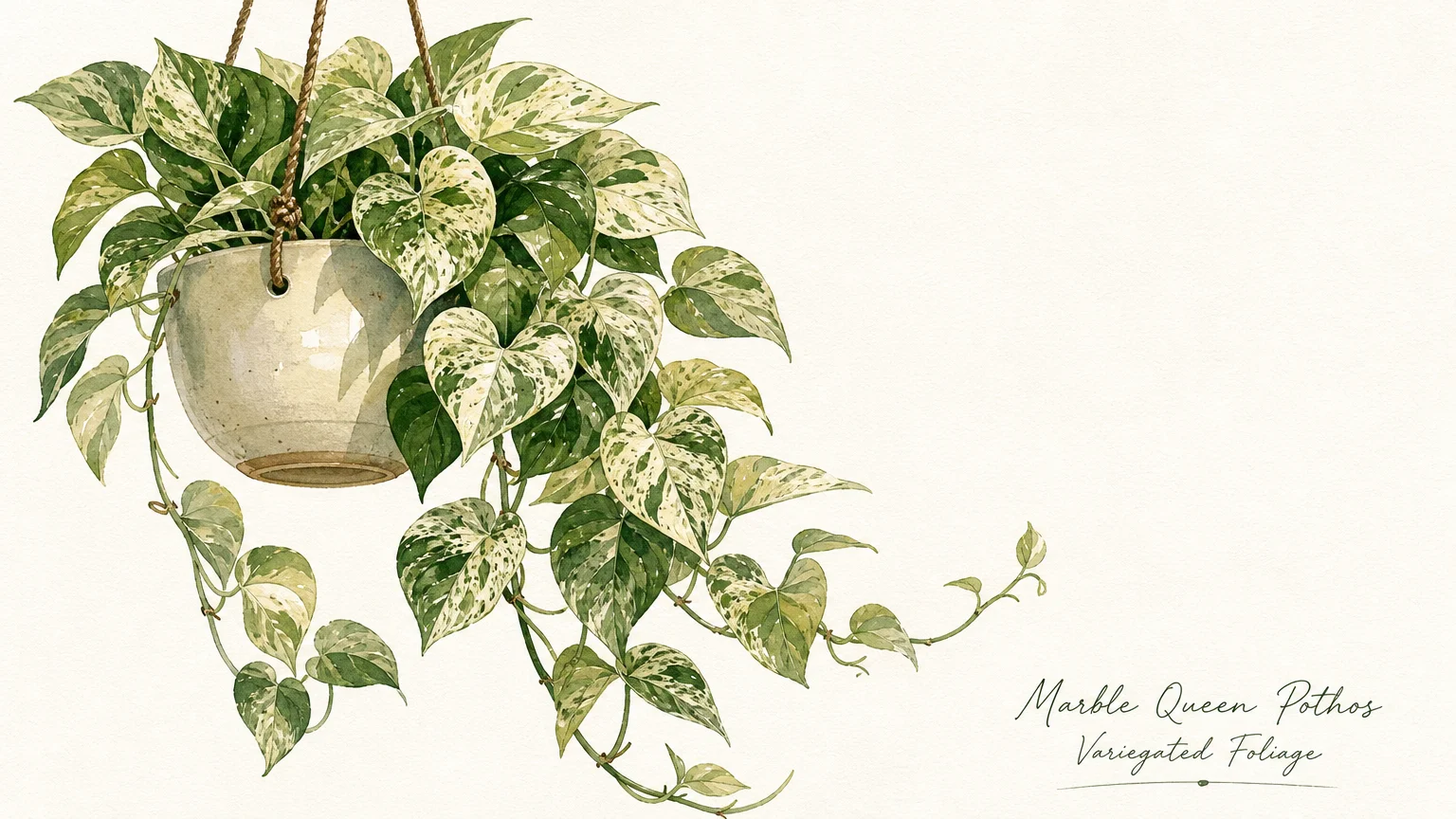 Watercolor illustration of a Marble Queen Pothos with cream and green speckled leaves cascading from a hanging pot.