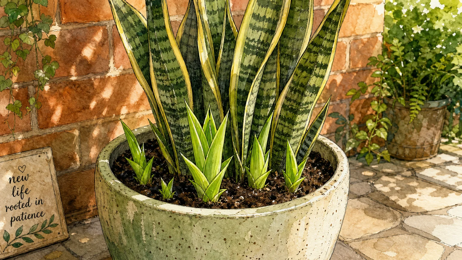 Watercolor illustration of a potted Snake Plant outdoors with several bright green baby pups emerging from the soil.
