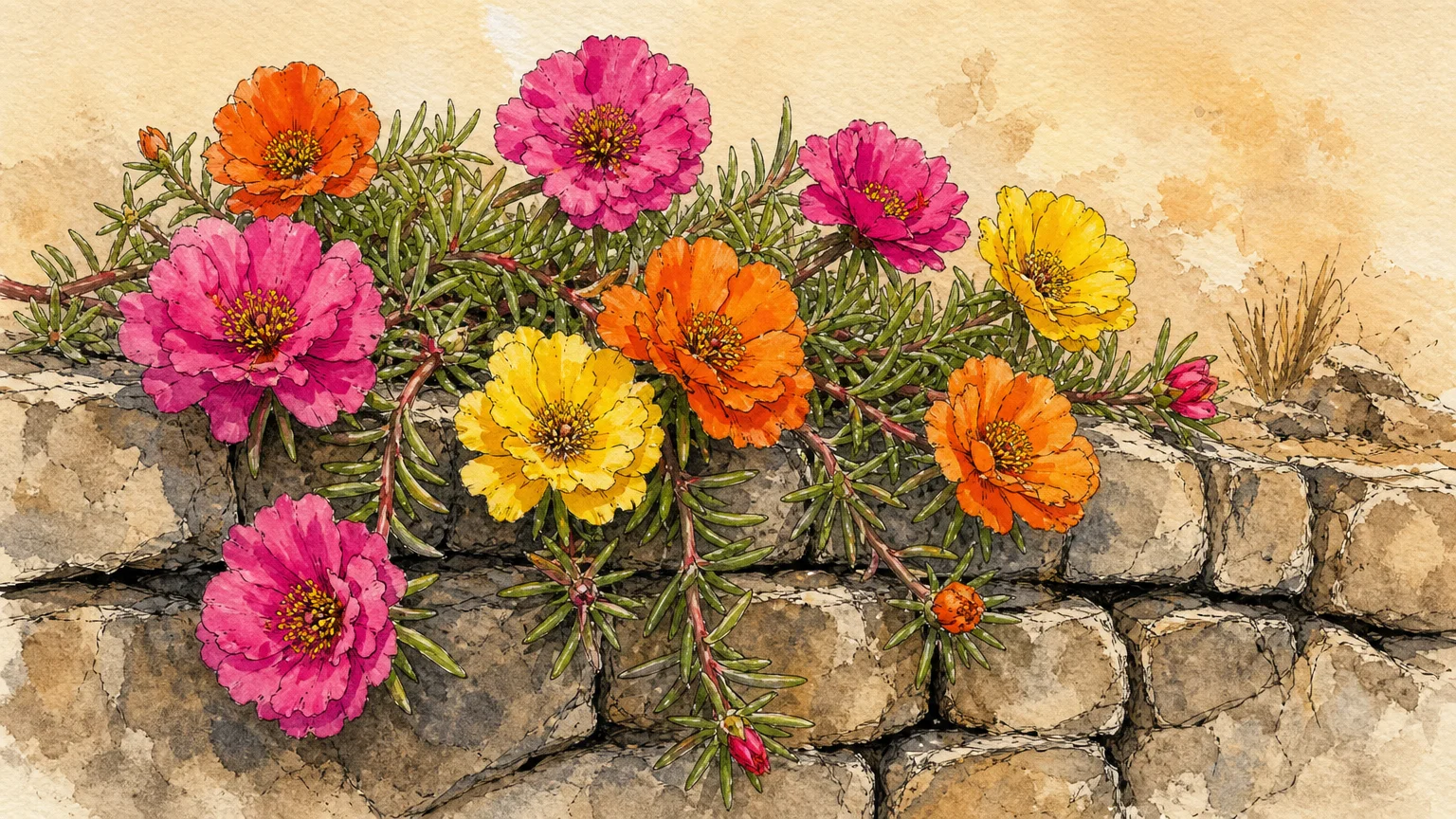 Watercolor illustration of colorful moss rose flowers cascading over a dry stone wall.