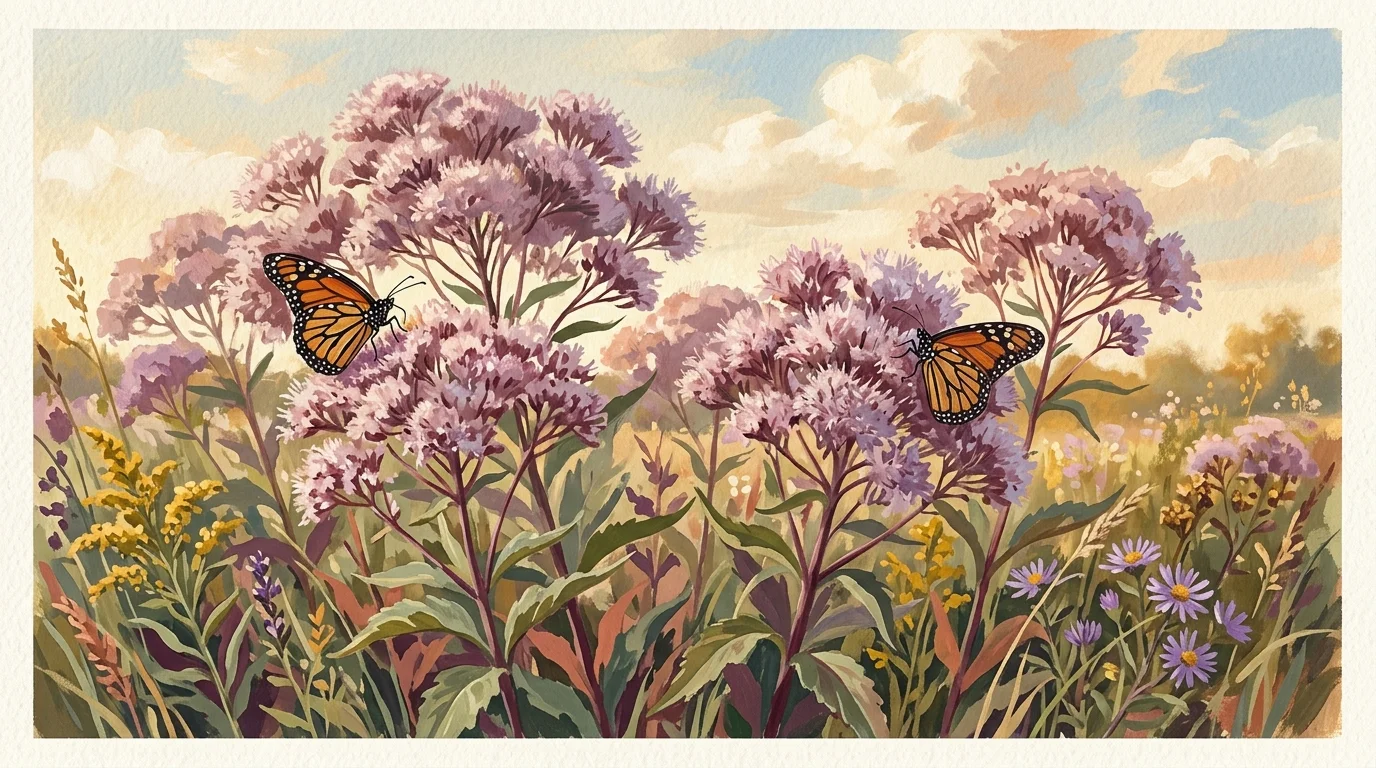 A beautiful gouache painting of fluffy, dusty-pink Joe-Pye Weed flower clusters with monarch butterflies perched on top.