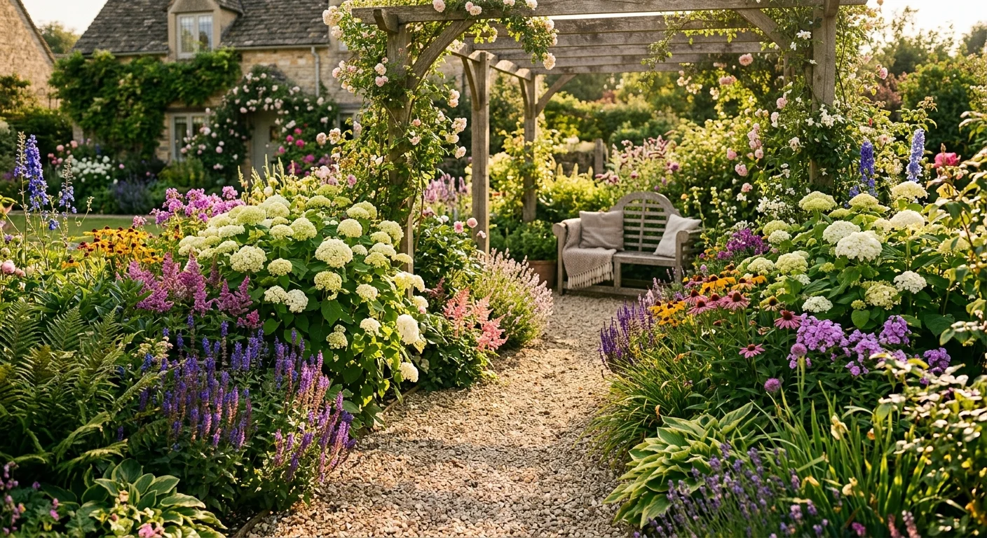 A beautiful, thriving home garden during the golden hour of a late summer afternoon, showcasing healthy flowers.