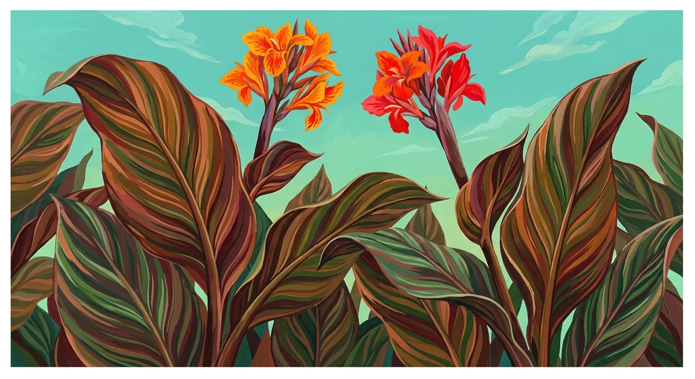 A bold gouache illustration of tropical canna lilies with large bronze leaves and fiery orange-red flowers.