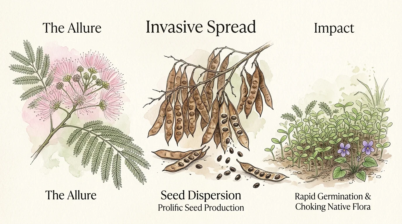 A botanical illustration showing invasive Mimosa seedlings sprouting aggressively next to its pink feathery flowers.