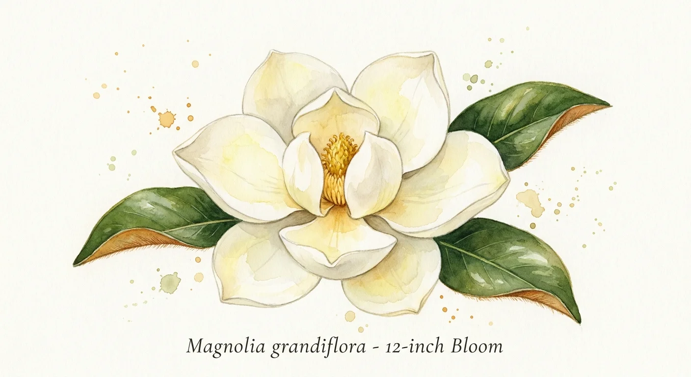 A botanical watercolor illustration of a large white Southern Magnolia blossom with dark green leaves.