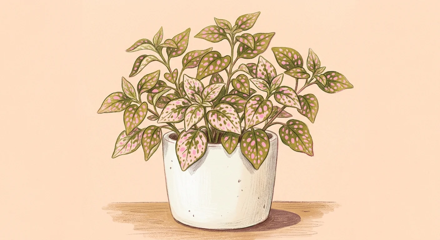 A charming gouache illustration of a Polka Dot Plant with whimsical pink freckles covering its green leaves.