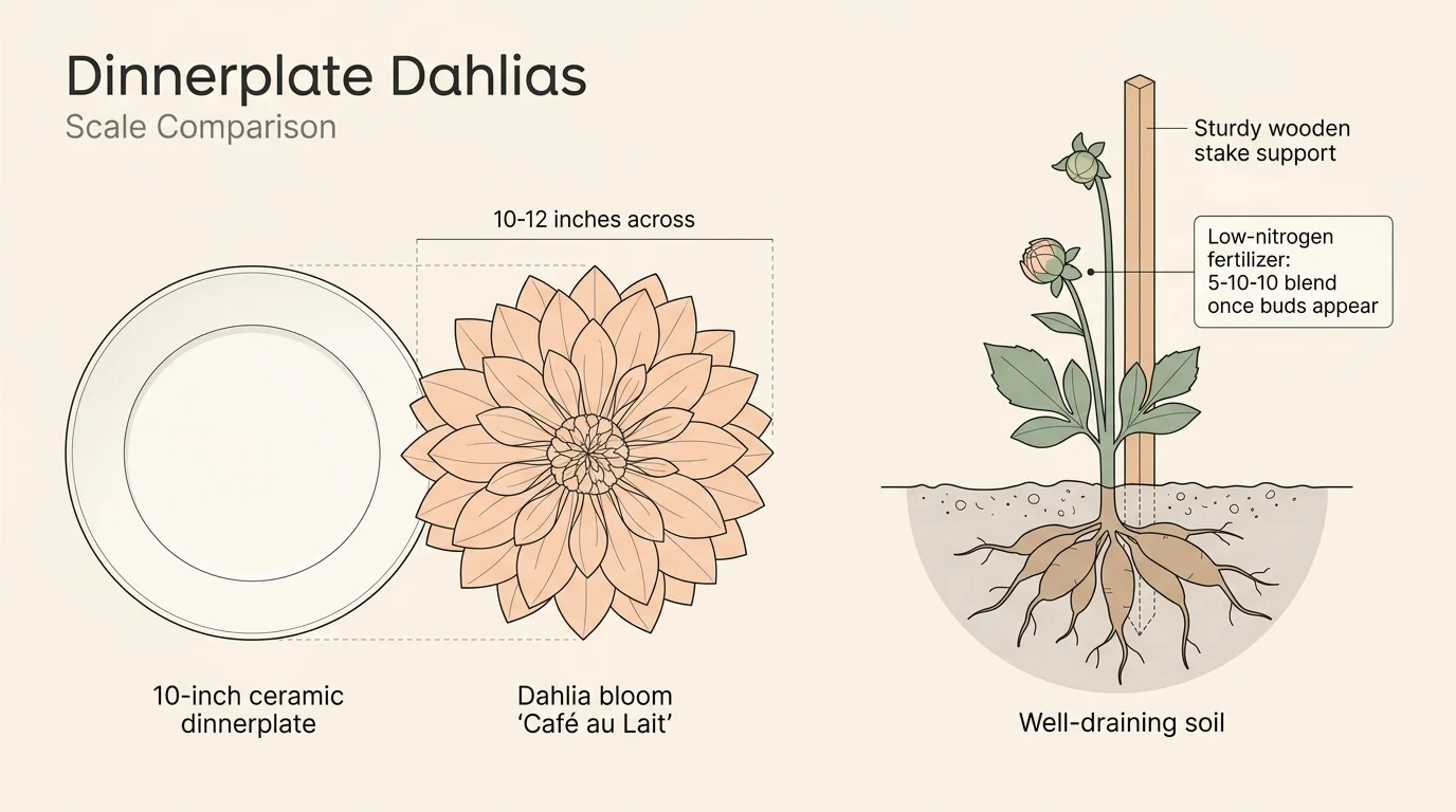 A clean botanical diagram comparing a 10-to-12 inch dahlia to a dinnerplate, showing soil planting depth and staking.