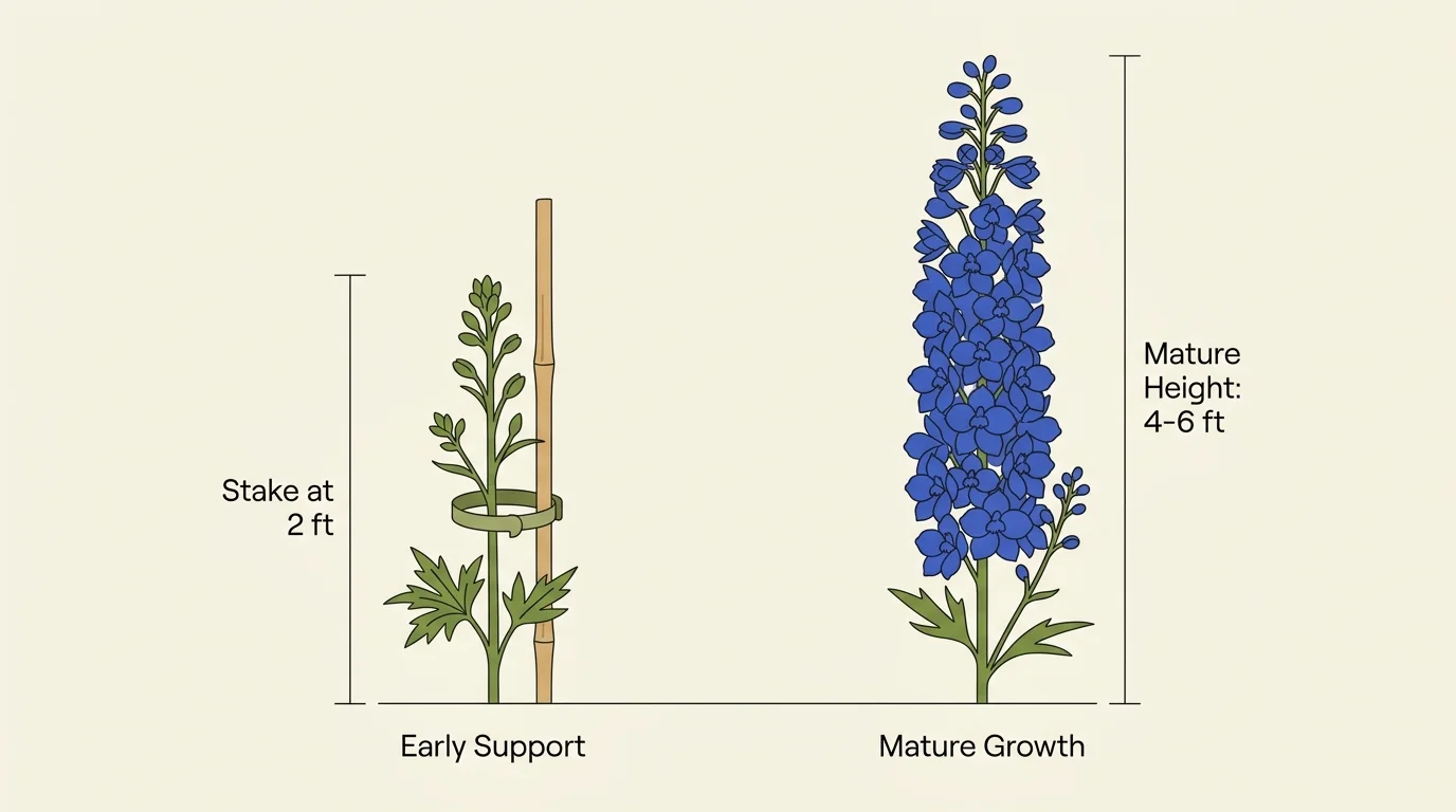 A clean botanical diagram showing a delphinium plant staked at 2 feet next to a mature 4 to 6-foot tall blooming spike.