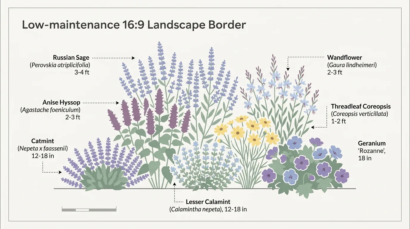 A clean, minimalist garden layout diagram showing how to layer the 7 featured perennials by height from back to front.