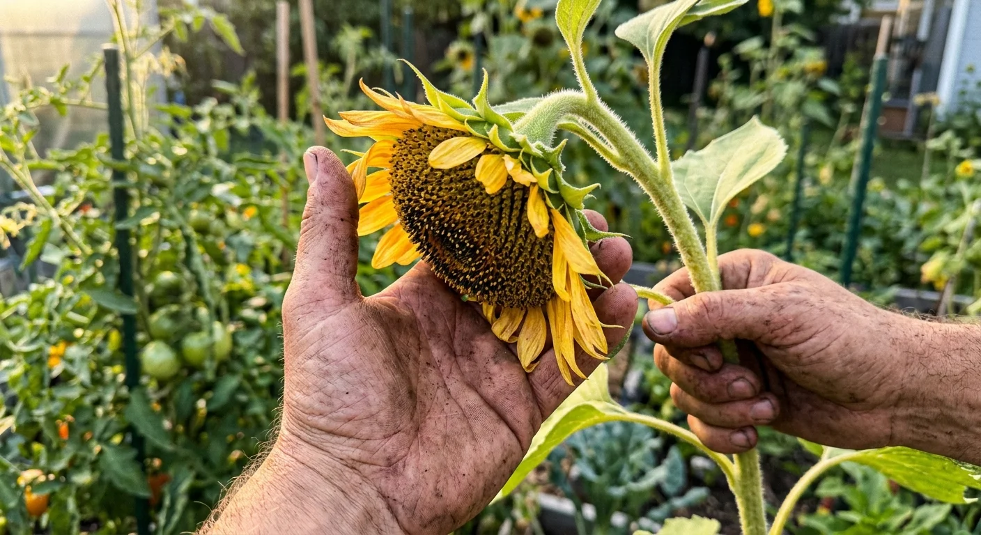 A close-up photograph of a gardener's hands holding a large, mature sunflower head filled with seeds.