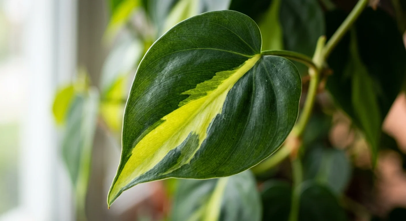 A close-up photograph of a heart-shaped Brasil Philodendron leaf, showing its striking dark green and lime-yellow variegation.