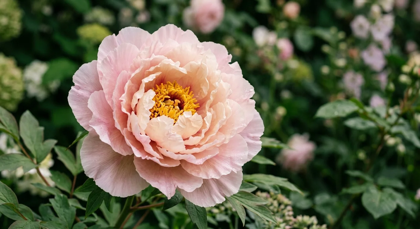 A close-up photograph of a soft pink tree peony with ruffled petals and a golden center, dusted with morning dew.