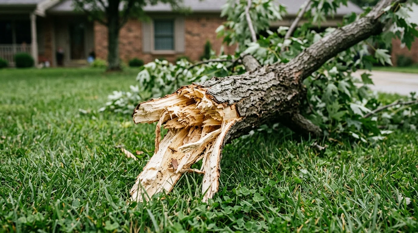 A close-up photograph of a splintered, broken Silver Maple branch on a lawn, showing its soft, weak inner wood.