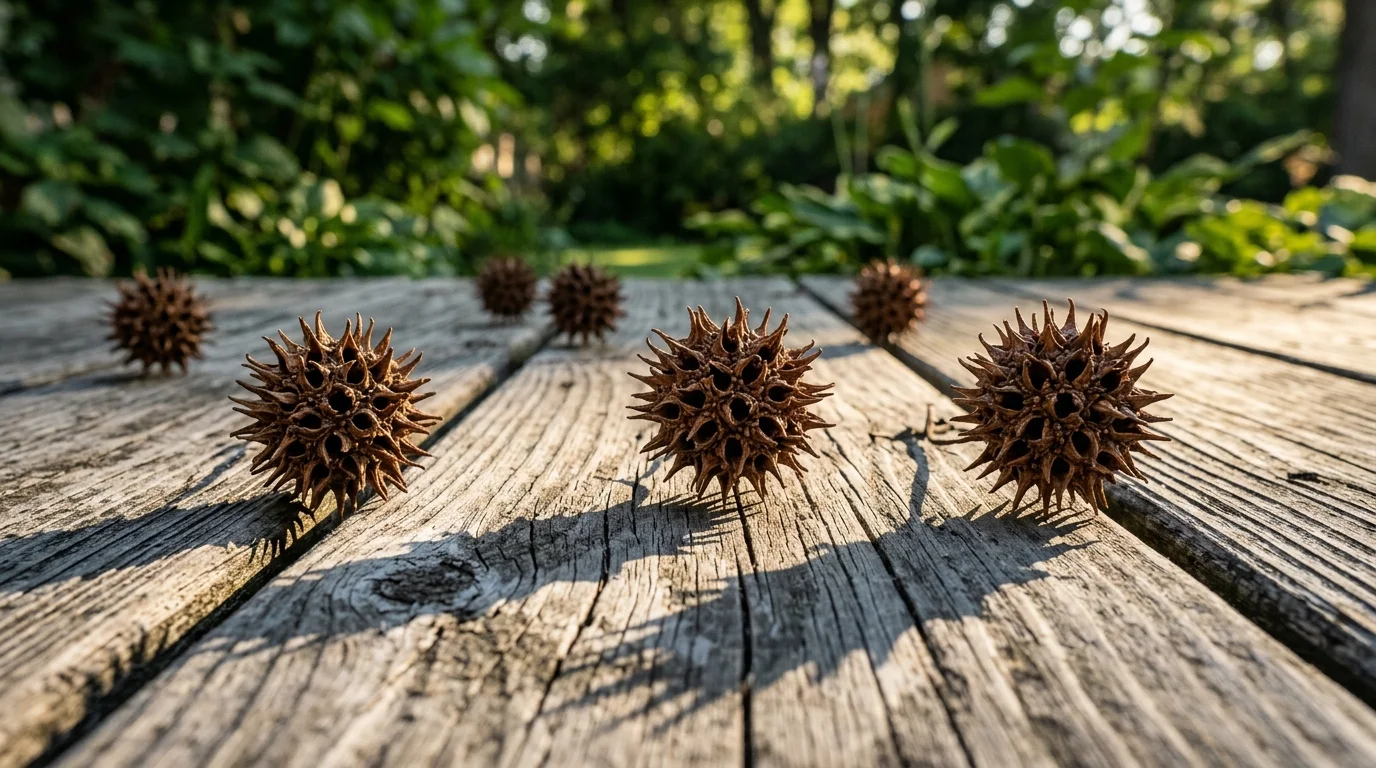 A close-up photograph of sharp, spiky brown Sweetgum seed pods scattered across a weathered wooden deck.