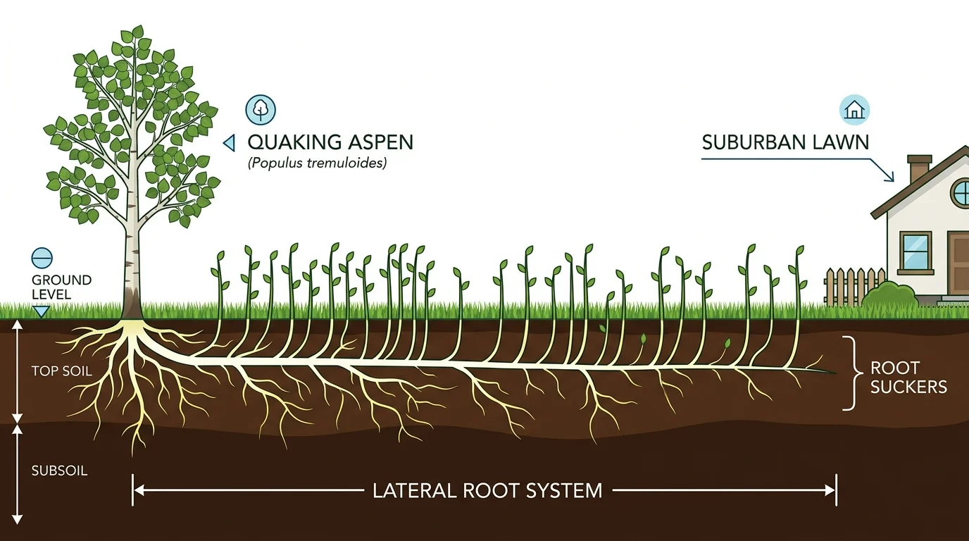 A cross-section diagram showing a Quaking Aspen's lateral roots spreading underground to send up aggressive suckers through a lawn.