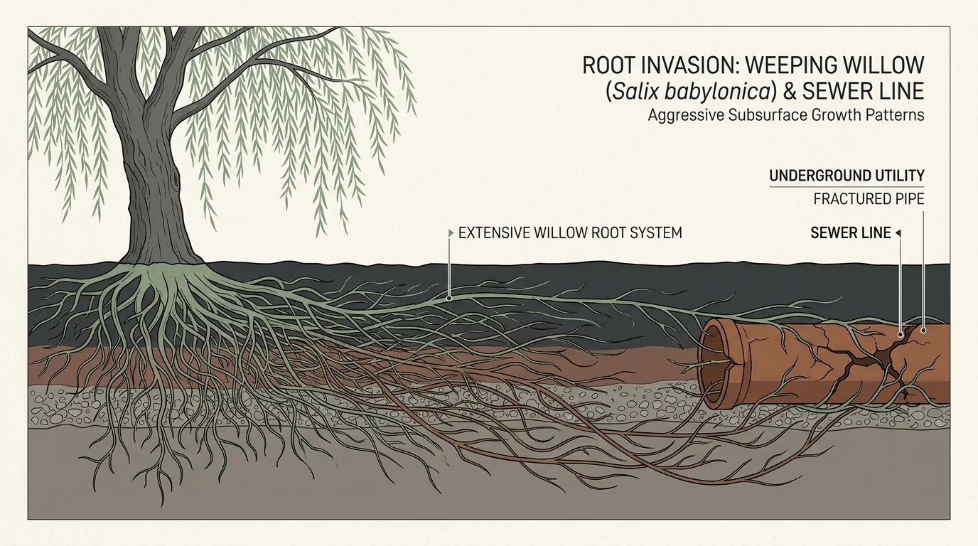 A cross-section diagram showing weeping willow roots invading and cracking an underground sewer line.