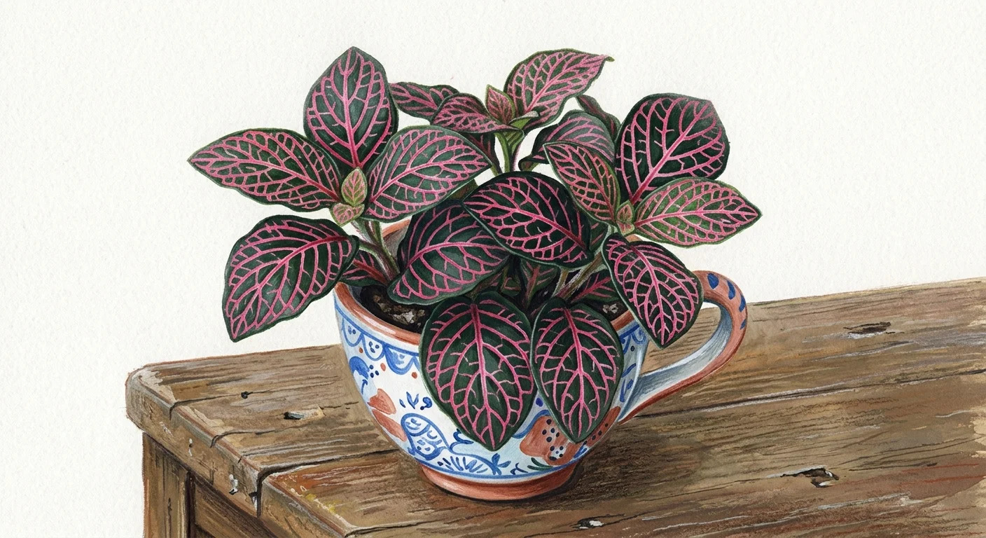 A detailed gouache illustration of a compact Nerve Plant with striking hot pink veins running across dark green leaves.