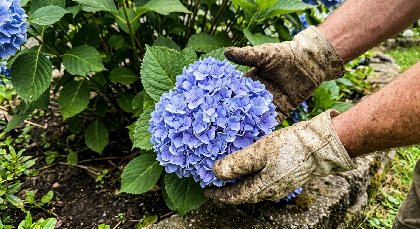 A gardener in canvas gloves holding a massive, vibrant blue-purple globe-shaped hydrangea flower in a garden.