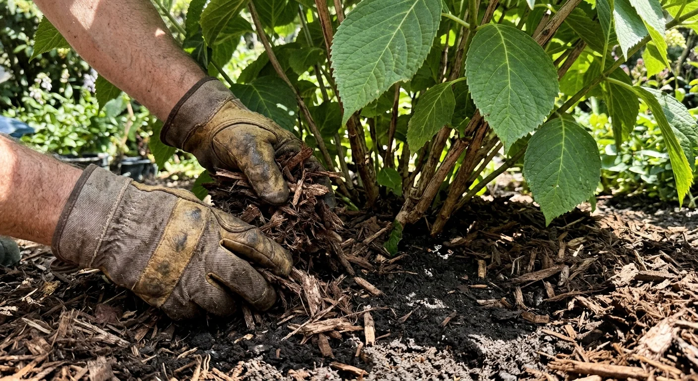 A gardener's gloved hands spreading a thick layer of shredded bark mulch at the base of a bigleaf hydrangea bush.