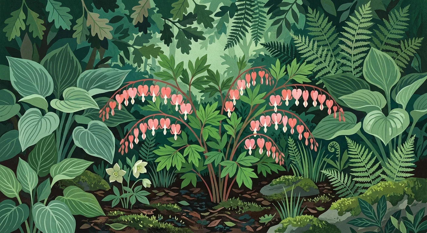 A gouache illustration of a bleeding heart plant blooming safely under a cool canopy of hostas and ferns.