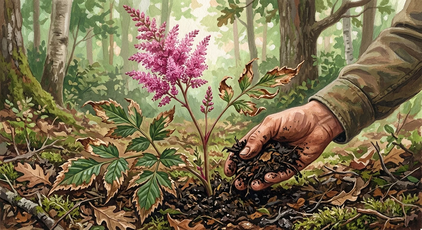 A gouache illustration of a pink astilbe with crispy brown leaf edges receiving a layer of compost mulch at its base.