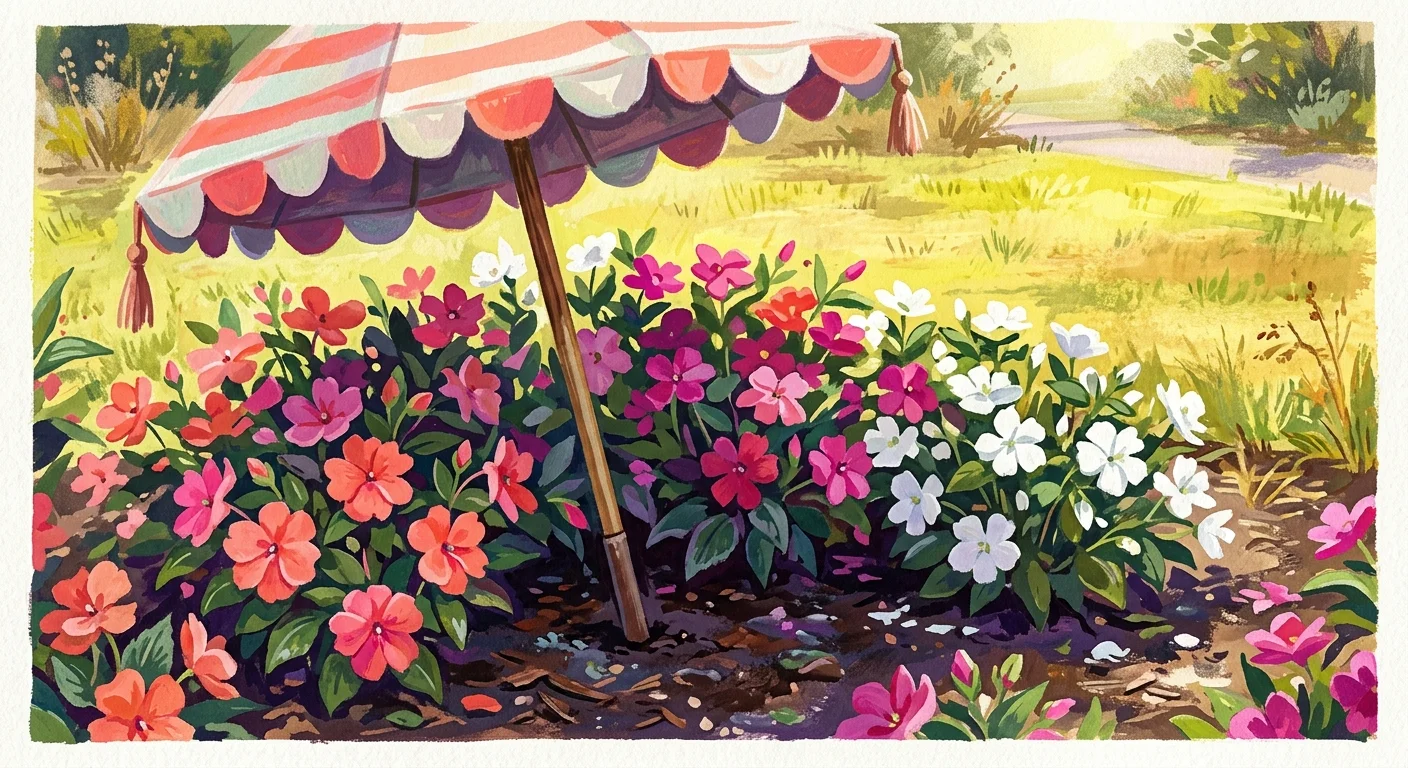 A gouache illustration of colorful impatiens flowers growing under a small, striped protective garden umbrella.