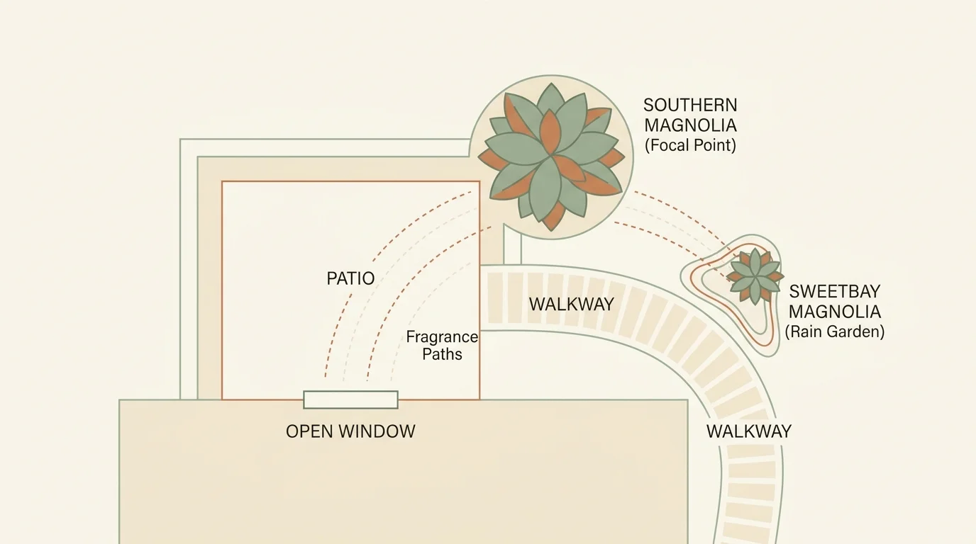 A landscape design diagram mapping out where to plant fragrant trees relative to patios, walkways, and windows.