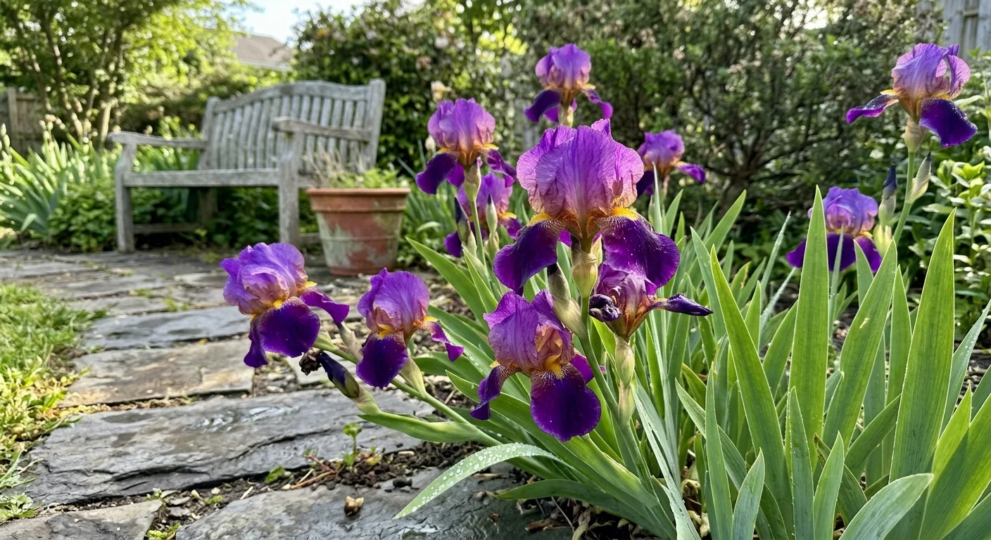 A low-angle backyard photo of purple and yellow tall bearded irises growing along a stone garden path.