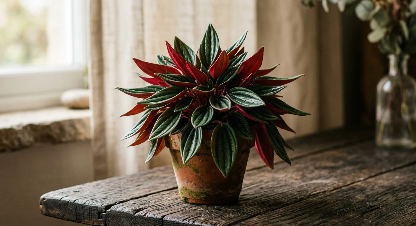 A low-angle photograph of a Rosso Peperomia showing the contrast between dark green leaf tops and deep red undersides.