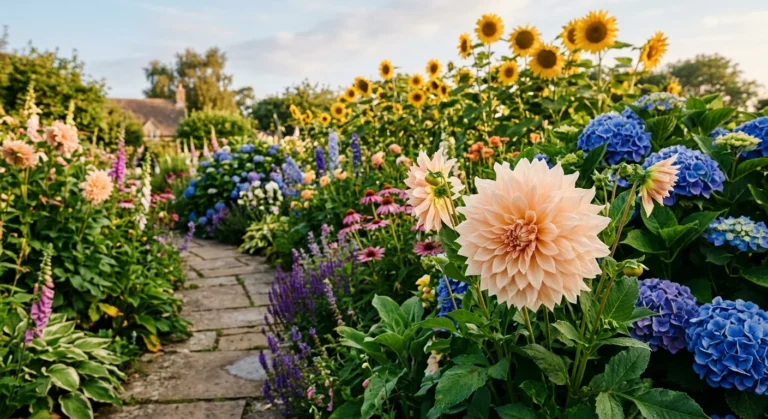 A lush backyard garden bed filled with massive, colorful flowers like dahlias and hydrangeas along a stone path in morning light.