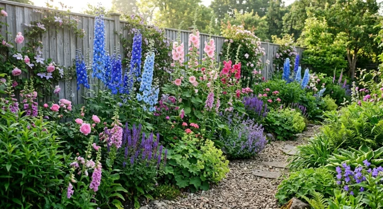 A lush garden border with towering blue delphiniums and pink hollyhocks growing against a rustic wooden fence.