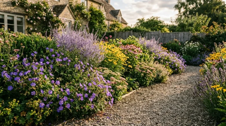 A lush, low-maintenance home garden border with blooming purple geraniums, yellow coreopsis, and lavender Russian sage spilling onto a grave