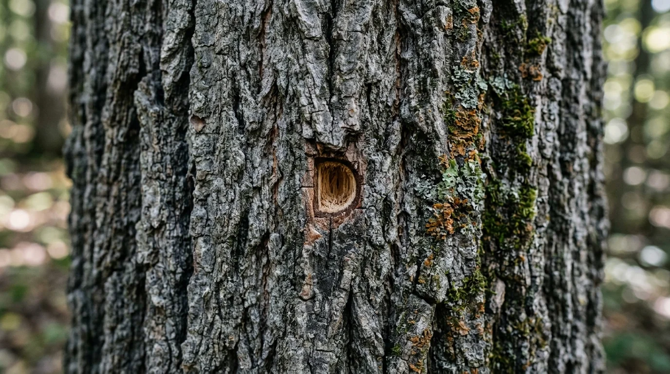 A macro photograph of a White Ash tree's bark showing a distinct D-shaped exit hole caused by the Emerald Ash Borer.