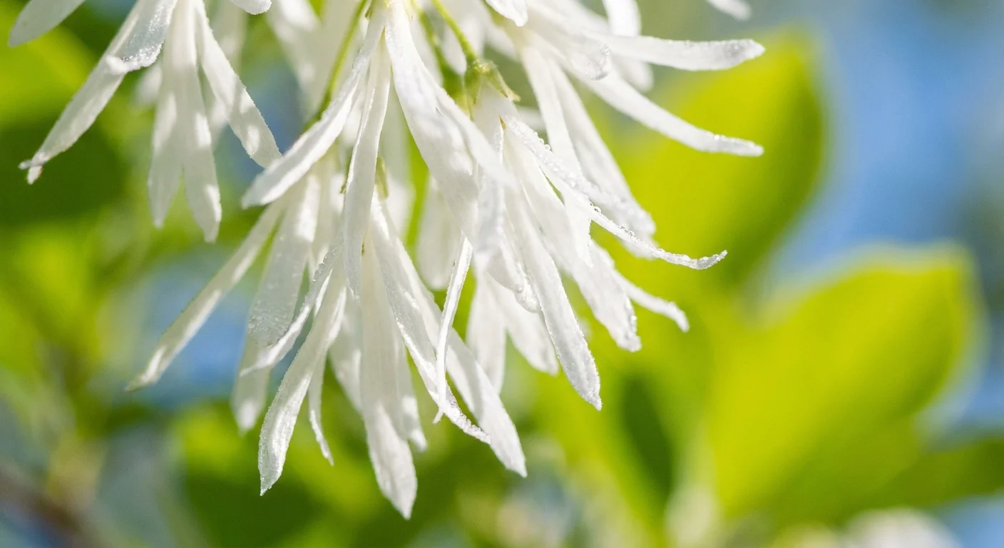A macro photograph of the delicate, ribbon-like white petals of a blooming Fringetree.