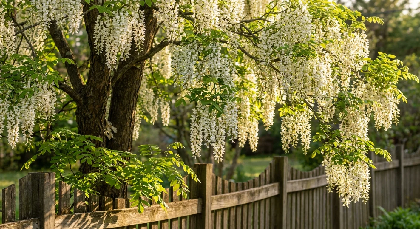 A mature American Yellowwood tree with cascading white wisteria-like flowers in the warm afternoon sun.