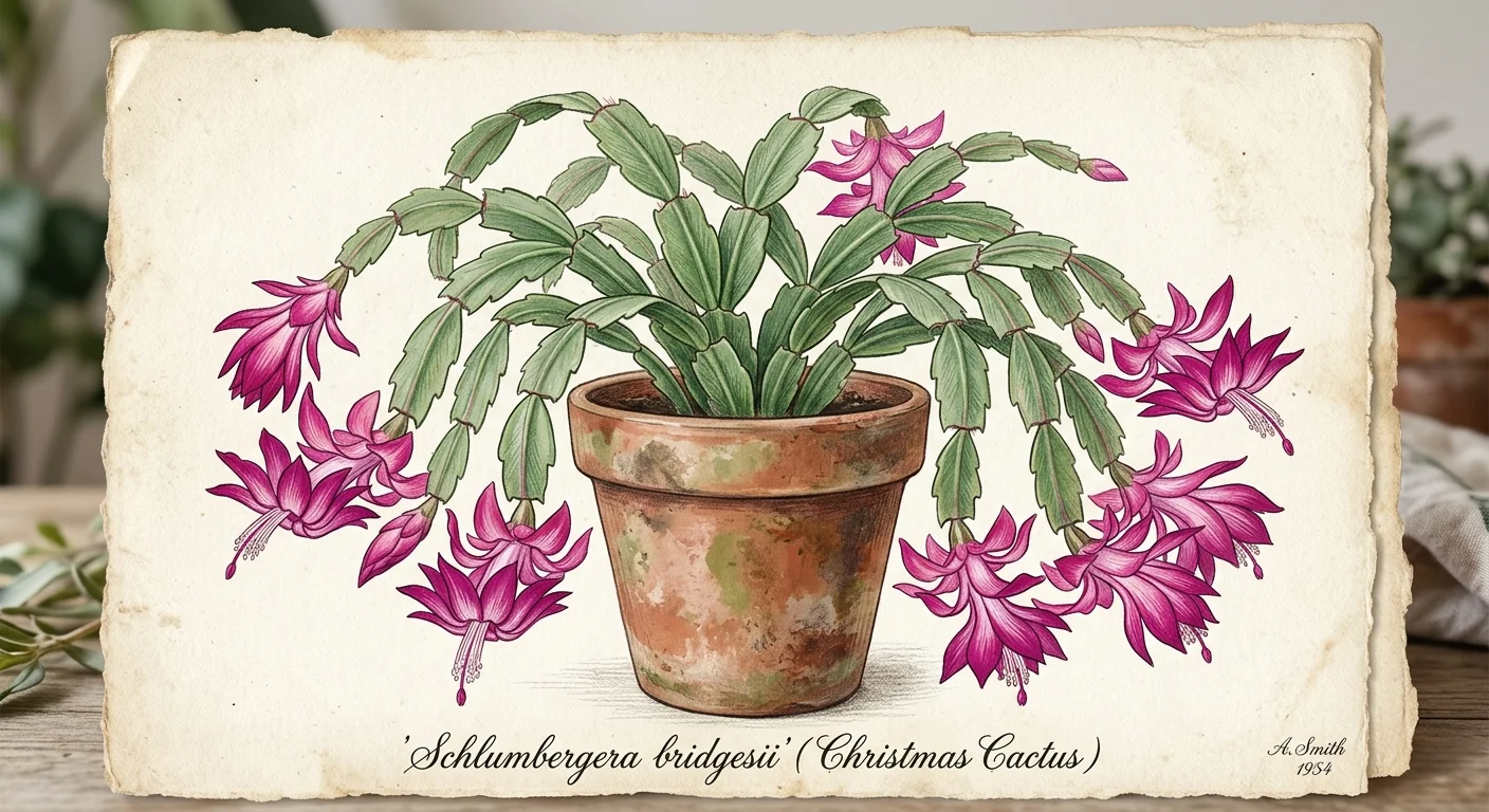 A mid-century style gouache illustration of a blooming Christmas Cactus with vibrant magenta flowers.