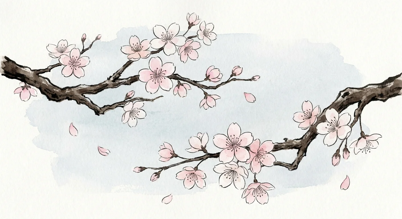 A minimalist watercolor illustration of cherry blossom branches with pale pink flowers against a soft blue background.