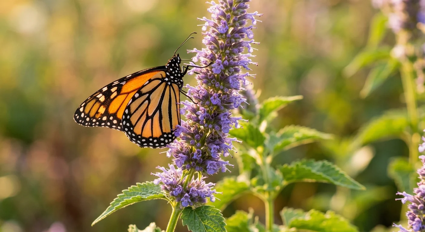 A monarch butterfly resting on a tall, spiky purple Anise Hyssop flower in warm golden hour light.