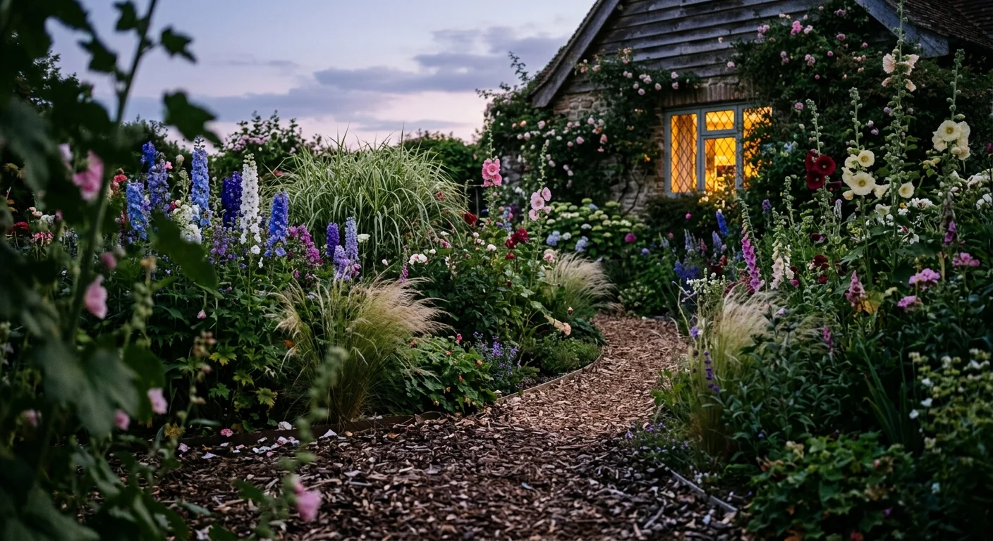 A peaceful garden path winding through tall, blooming flowers at twilight, with a warm glowing cottage window in the background.