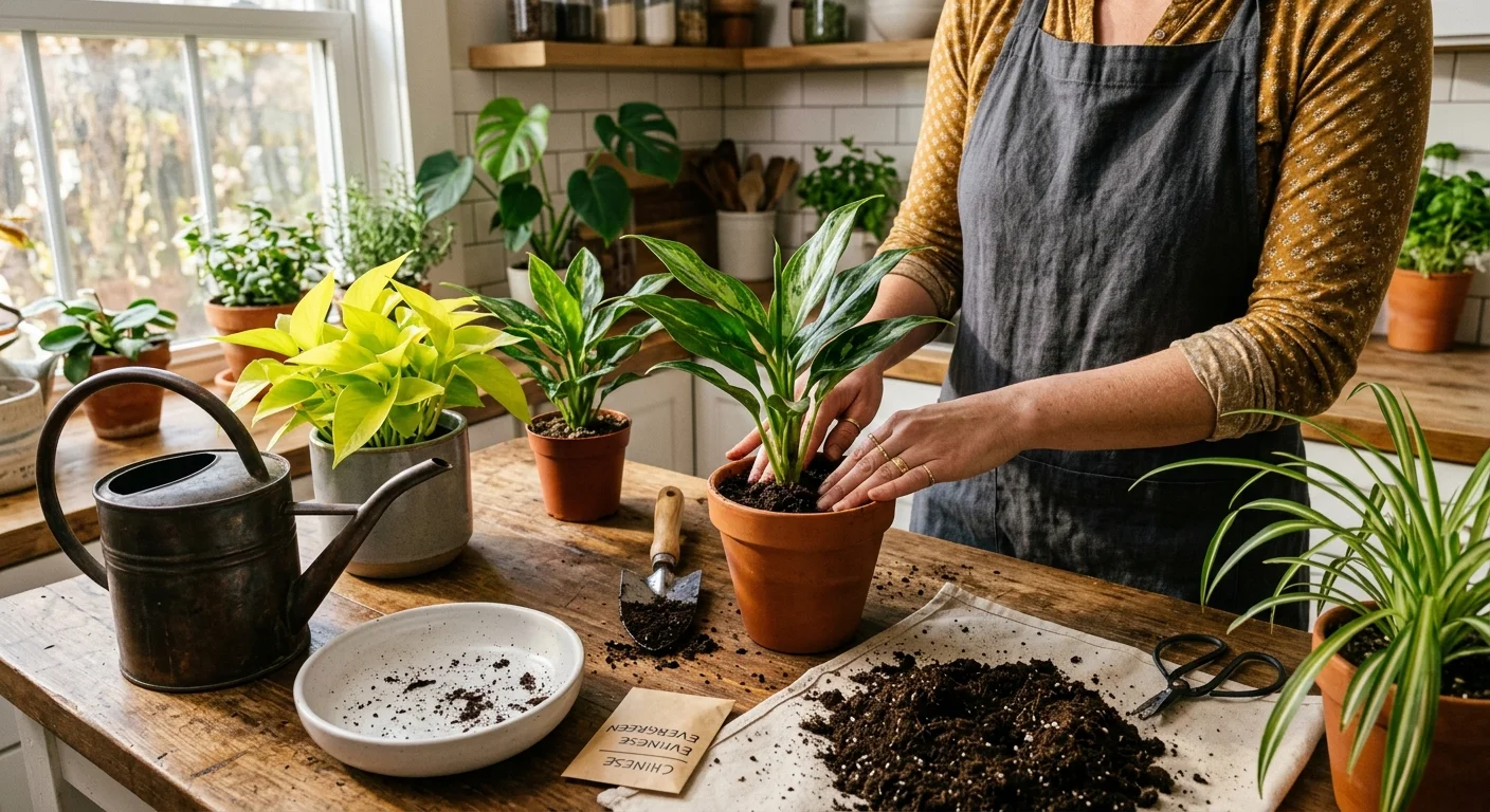 A person potting colorful houseplants on a wooden kitchen counter in warm, natural window light.