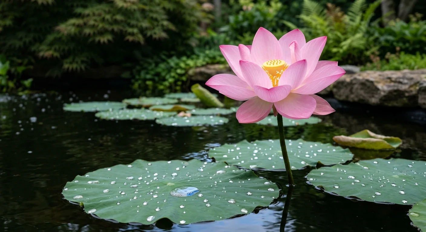A pristine pink lotus flower blooming above large green leaves in a quiet backyard pond with water droplets.