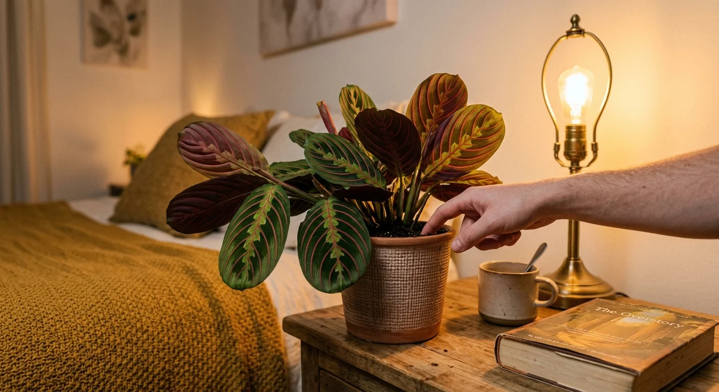 A Red Prayer Plant on a nightstand with its leaves folded upward in the warm glow of evening lamp light.