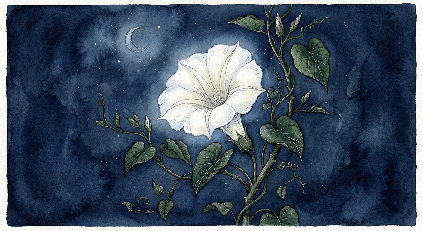 A stunning watercolor of a pure white moonflower blooming against a deep midnight-blue indigo wash with a crescent moon.