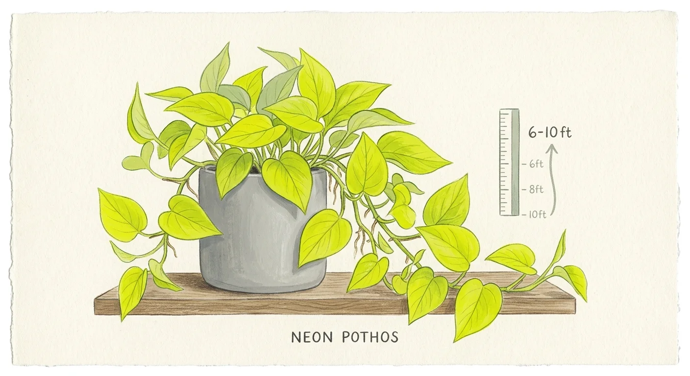 A stylized gouache illustration of an electric chartreuse Neon Pothos plant cascading from a modern gray pot.