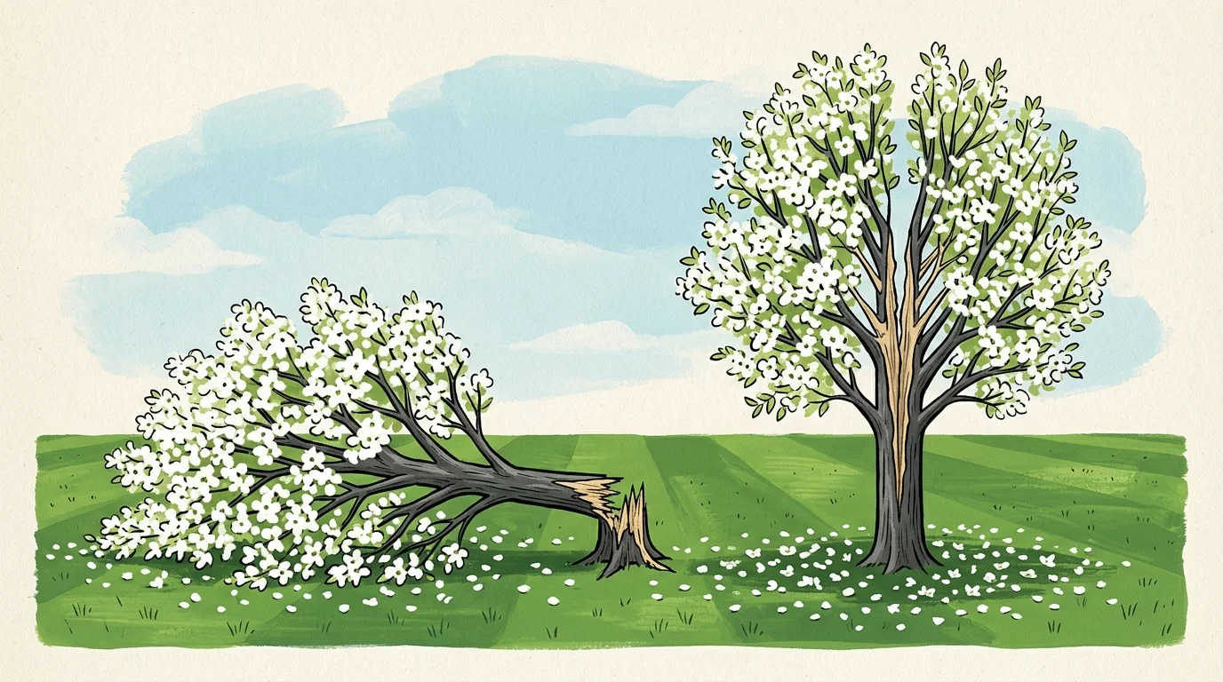 A stylized illustration of a symmetrical Bradford Pear tree split in half, showcasing its weak structural branch junctions.