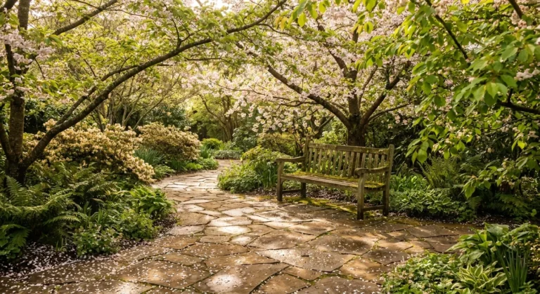 A sun-dappled stone path winding through a lush garden with blooming fragrant trees and a wooden bench.