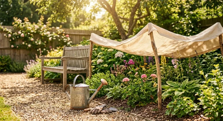 A sun-drenched home garden protected by a light shade cloth on wooden stakes, with a metal watering can on a gravel path.