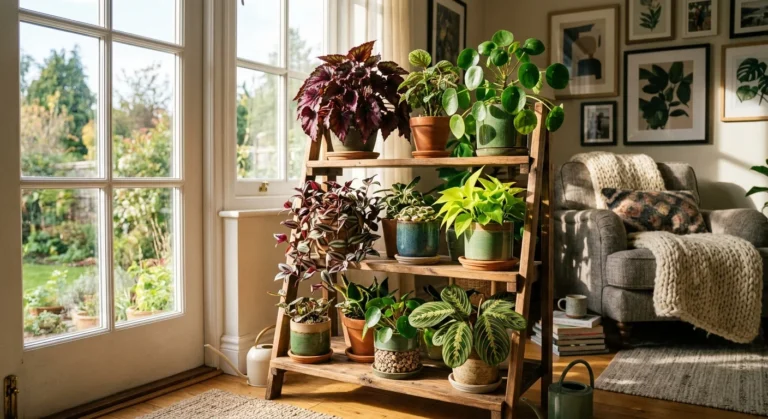 A sunlit living room corner featuring a wooden plant stand filled with colorful, vibrant houseplants in terracotta pots.