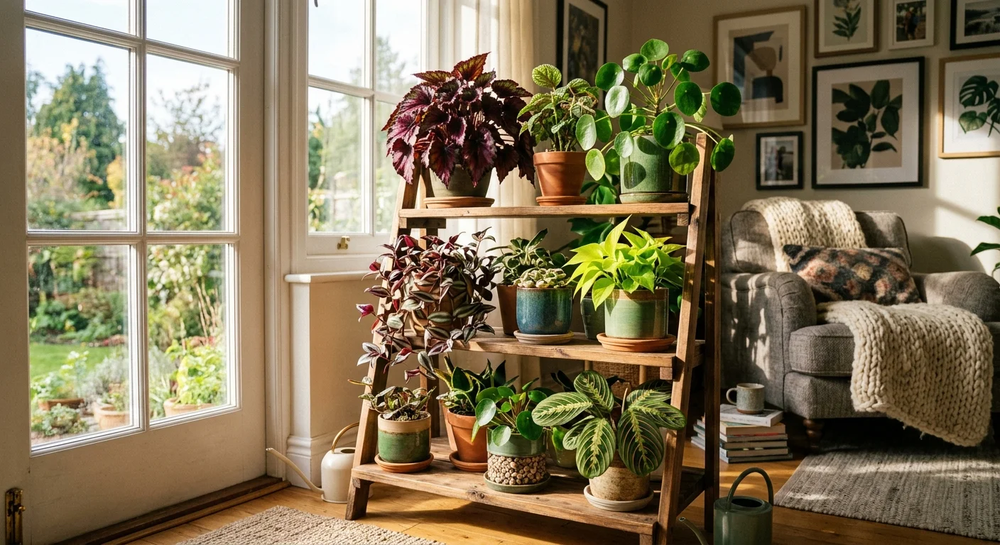 A sunlit living room corner featuring a wooden plant stand filled with colorful, vibrant houseplants in terracotta pots.