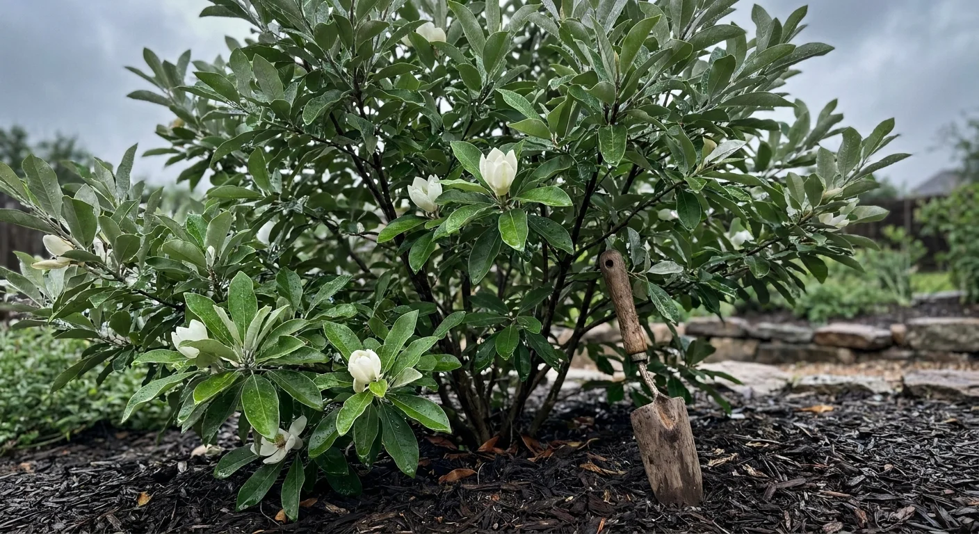 A Sweetbay Magnolia tree with wet leaves and delicate white cup-shaped flowers planted in a backyard rain garden.