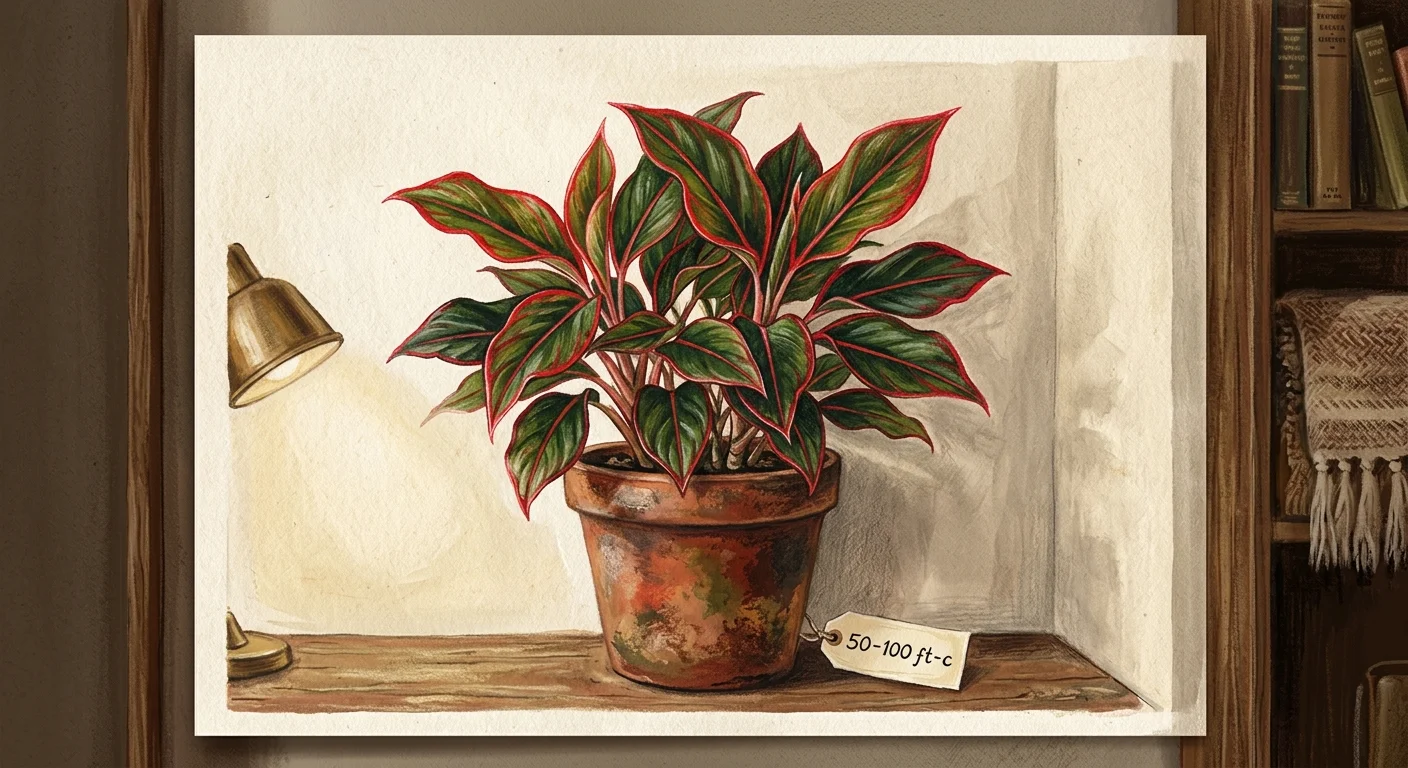 A textured gouache illustration of a Chinese Evergreen plant with deep green leaves and fiery red edges.